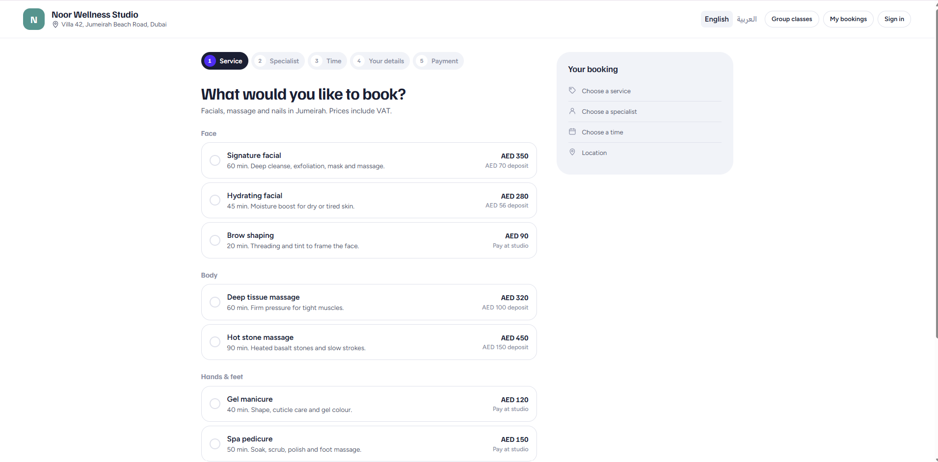 Client booking page